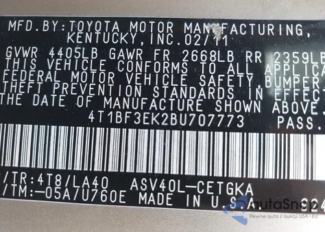 2011 Toyota Camry Xle z USA, uszkodzony, nr VIN 4T1BF3EK2BU707773